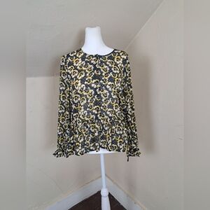 Madewell Drawstring Ruffle-Hem Top in Yellow Viola Floral Size M